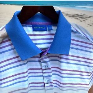 Betenly Polo Golf Shirt Stripe Button 100% Cotton Contrast Collar S/S Men XL